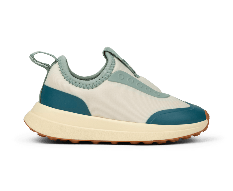 Side view of a Native Shoes Kids Robbie Dash Kids Footwear in Bone White / Tapioca Off White / Hazel Brown