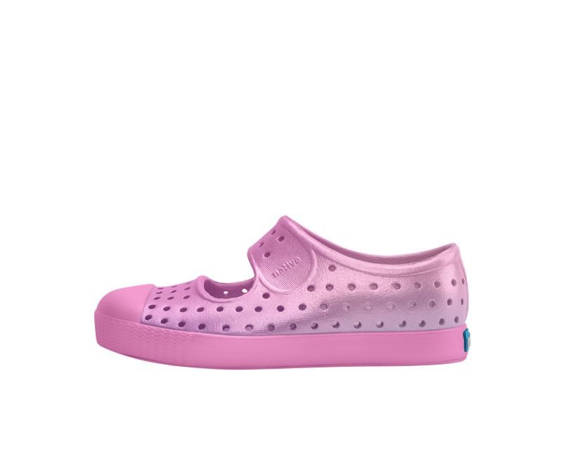 Side view of a Native Shoes Kids Jefferson Juniper Metallic Bk Kids Footwear in Malibu Pink Metallic / Malibu Pink