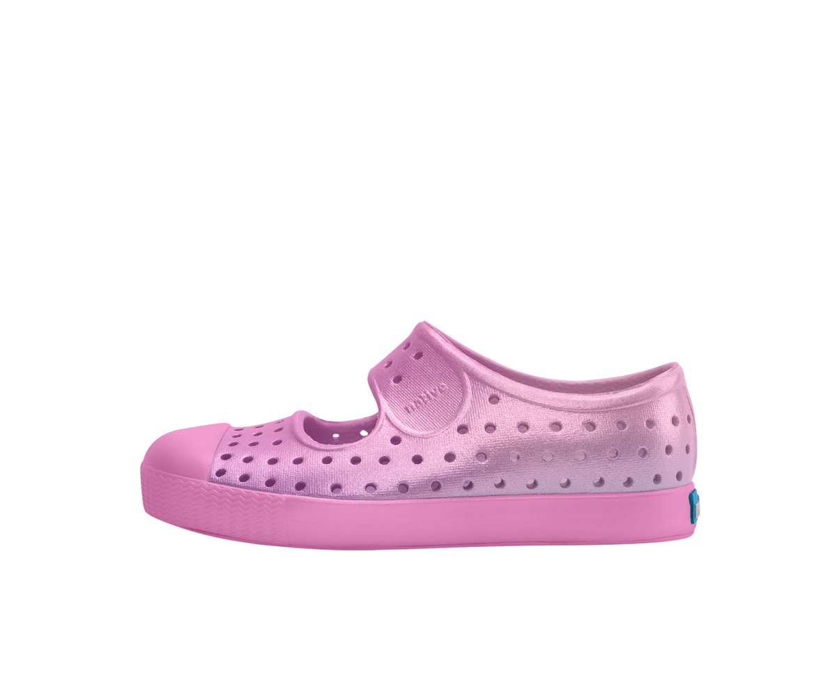 Side view of a Native Shoes Kids Jefferson Juniper Metallic Bk Kids Footwear in Malibu Pink Metallic / Malibu Pink