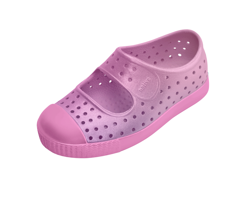 Angled view of a Native Shoes Kids Jefferson Juniper Metallic Bk Kids | Malibu Pink Metallic / Malibu Pink Footwear in Malibu Pink Metallic / Malibu Pink