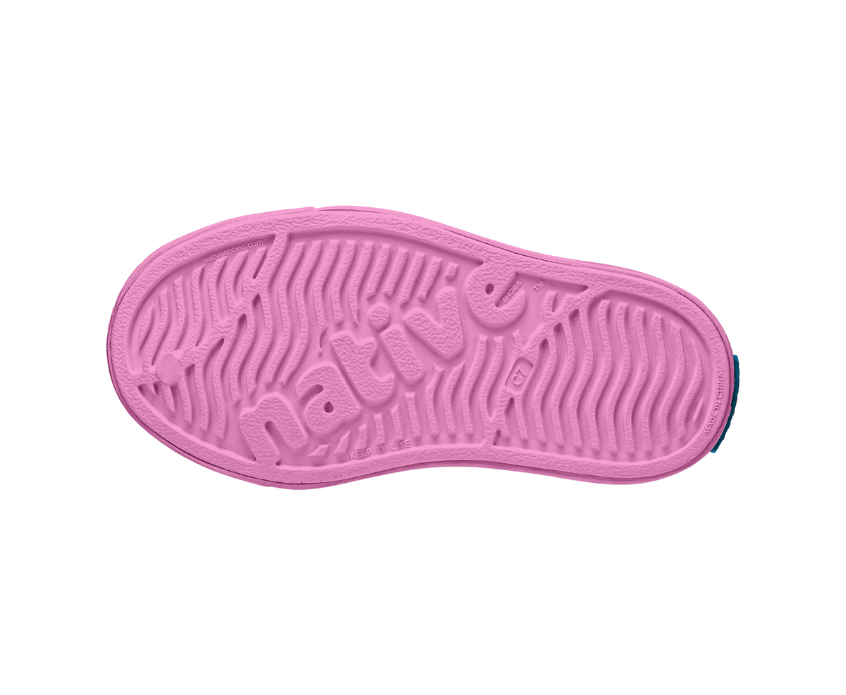 Bottom view of a Native Shoes Kids Jefferson Juniper Metallic Bk Kids | Malibu Pink Metallic / Malibu Pink Footwear in Malibu Pink Metallic / Malibu Pink