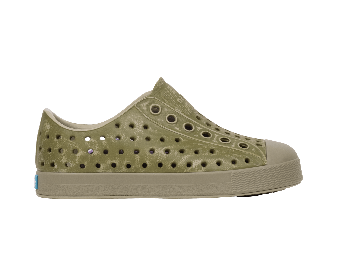 Side view of a Native Shoes Kids Jefferson Stonewash Kids Footwear in Elmgr/Vetgry/Rkiestnwshed