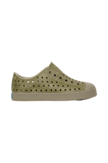 Side view of a Native Shoes Kids Jefferson Stonewash Kids Footwear in Elmgr/Vetgry/Rkiestnwshed