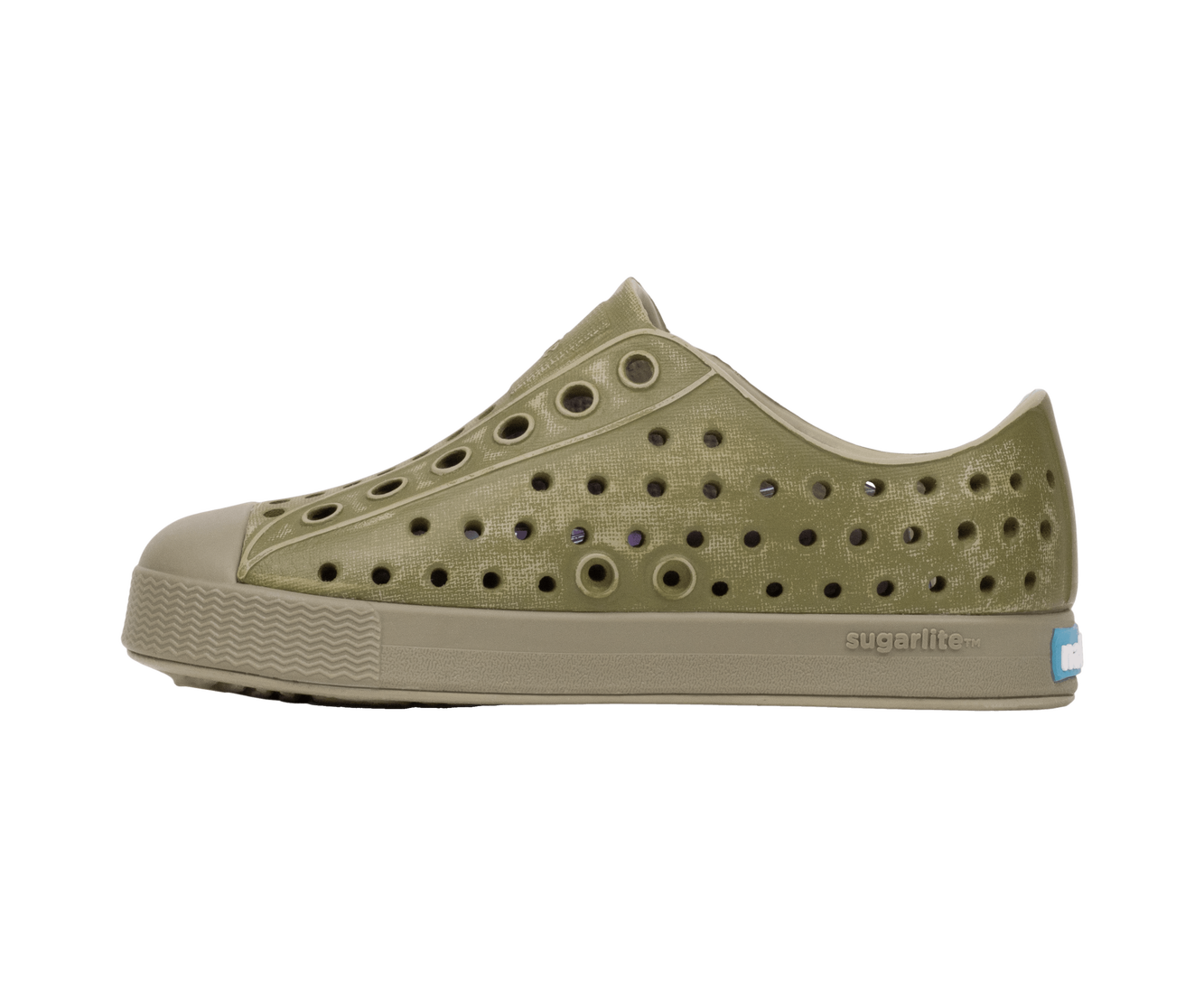 Angled view of a Native Shoes Kids Jefferson Stonewash Kids | Elmgr/Vetgry/Rkiestnwshed Footwear in Elmgr/Vetgry/Rkiestnwshed