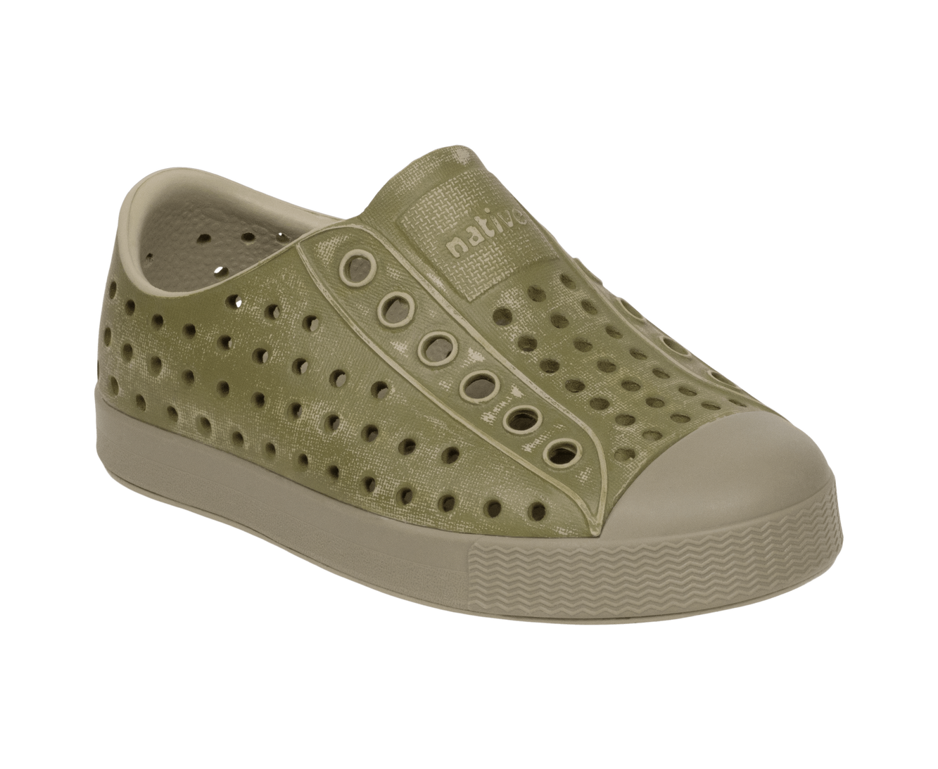 Bottom view of a Native Shoes Kids Jefferson Stonewash Kids | Elmgr/Vetgry/Rkiestnwshed Footwear in Elmgr/Vetgry/Rkiestnwshed