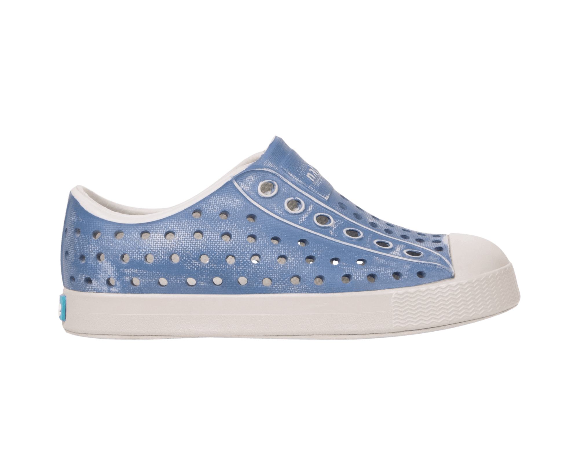 Side view of a Native Shoes Kids Jefferson Stonewash Kids Footwear in Dawn Blue / Dawn Blue / Oasis Brushed