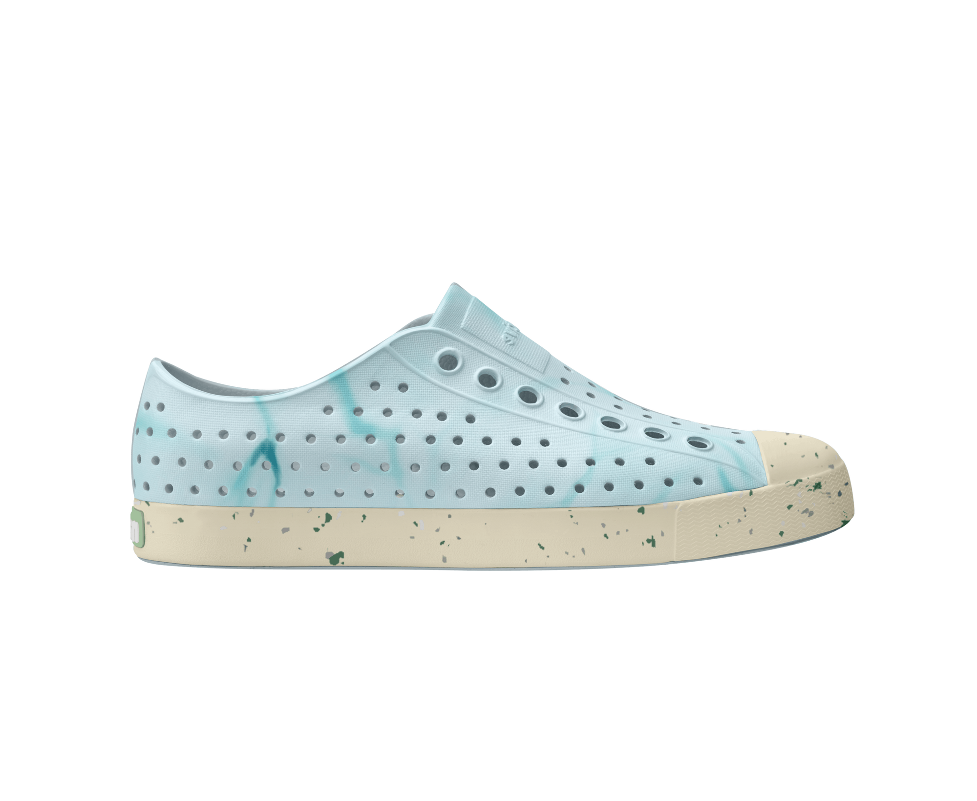 Side view of a Native Shoes Adults Jefferson Wanderfoam Blm Print Footwear in Dawn Blue / Bone White Speckles / Light Water