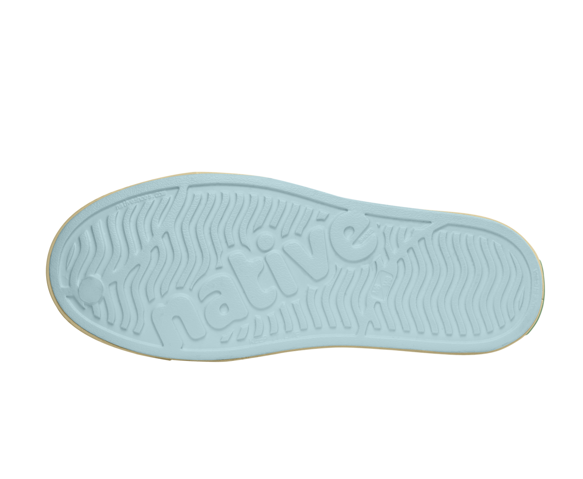 Bottom view of a Native Shoes Jefferson Wanderfoam Blm Print | Dawn Blue / Bone White Speckles / Light Water Footwear in Dawn Blue / Bone White Speckles / Light Water