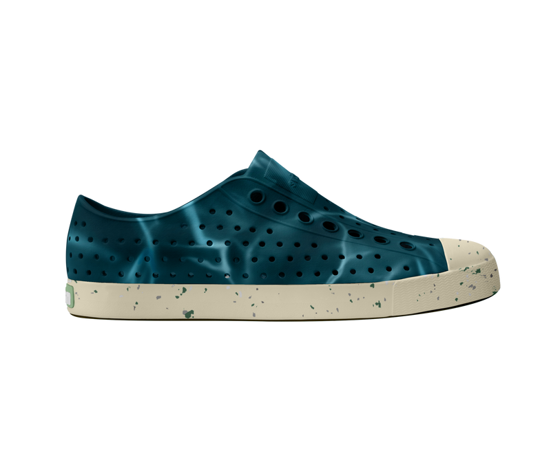 Side view of a Native Shoes Adults Jefferson Wanderfoam Blm Print Footwear in Oasis Blue / Bone White Speckle / Dark Water