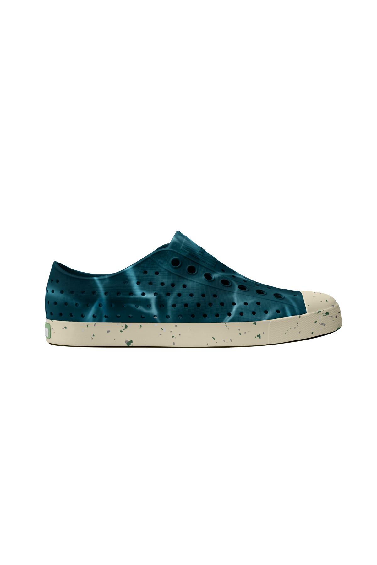 Side view of a Native Shoes Adults Jefferson Wanderfoam Blm Print Footwear in Oasis Blue / Bone White Speckle / Dark Water