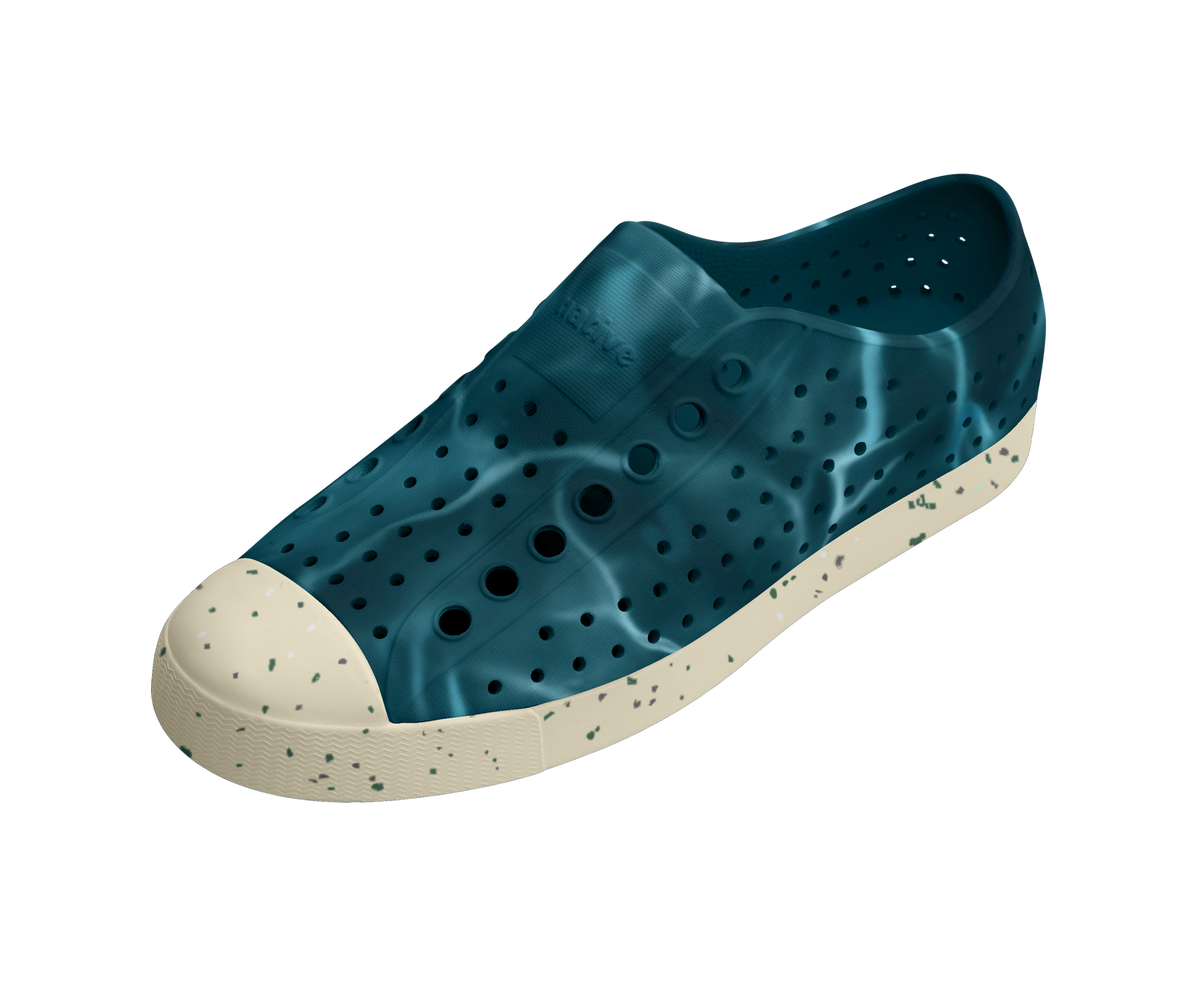 Angled view of a Native Shoes Jefferson Wanderfoam Blm Print | Oasis Blue / Bone White Speckle / Dark Water Footwear in Oasis Blue / Bone White Speckle / Dark Water