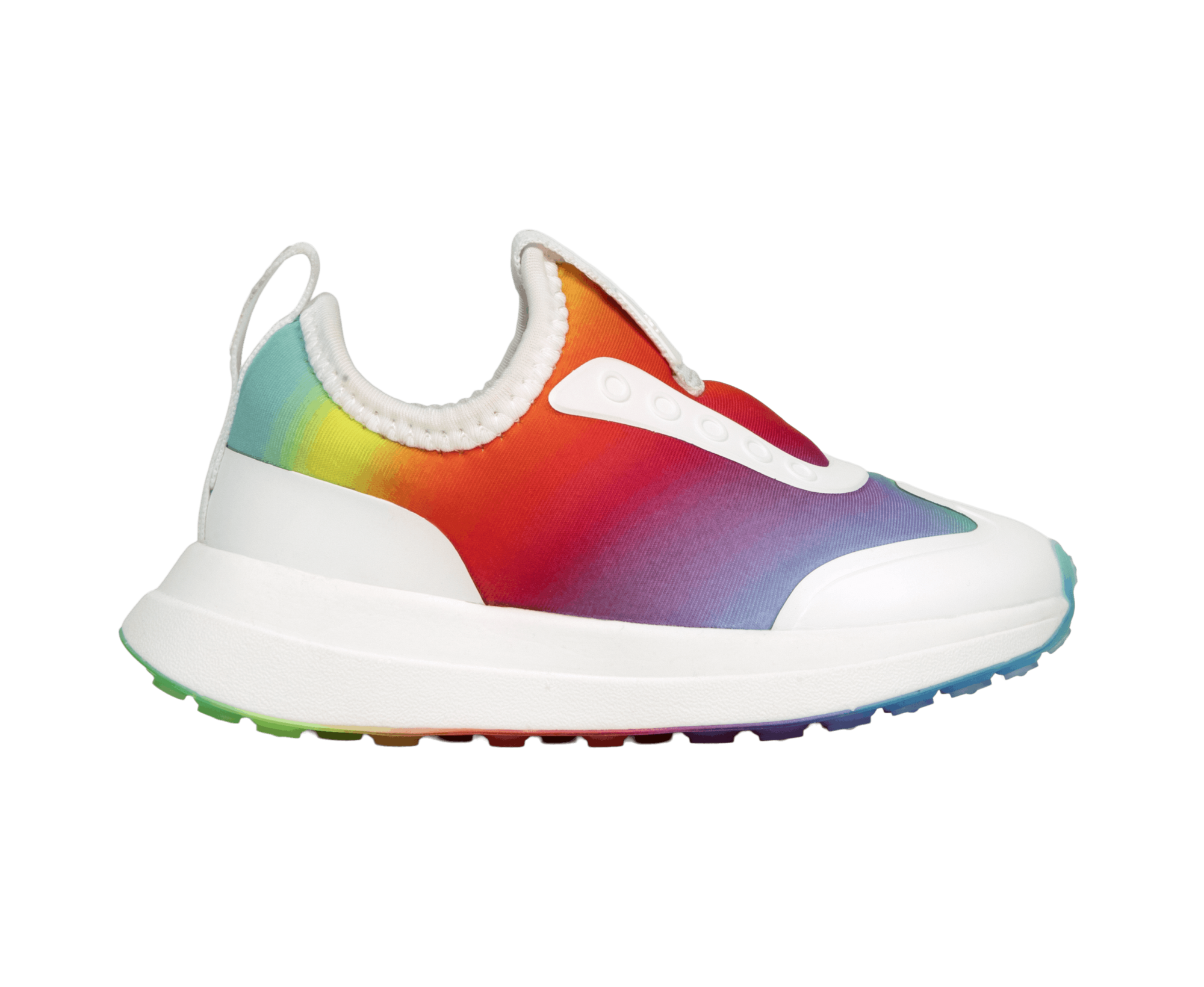 Side view of a Native Shoes Kids Robbie Dash Print Kids Footwear in Shell White / Shell White / Rainbow