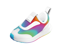 Angled view of a Native Shoes Kids Robbie Dash Print Kids | Shell White / Shell White / Rainbow Footwear in Shell White / Shell White / Rainbow