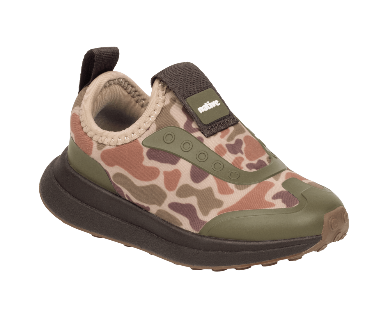 Bottom view of a Native Shoes Kids Robbie Dash Print Kids | Shlwht/Shlwht/Tuffcamo Footwear in Shlwht/Shlwht/Tuffcamo