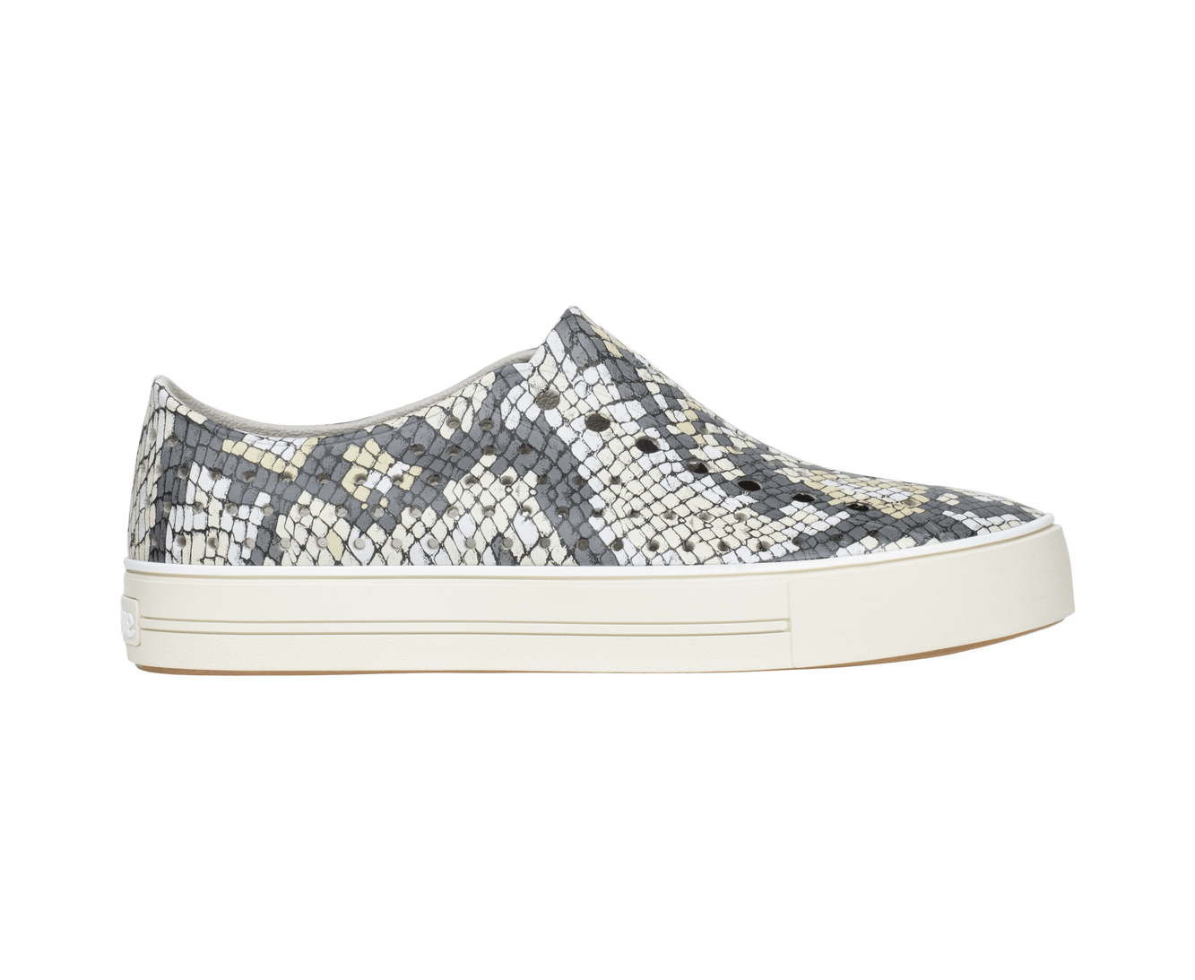 Side view of a Native Shoes Adults Jefferson Arc Wanderfoam Print Footwear in Slkgry/Pprwht/Slkpython