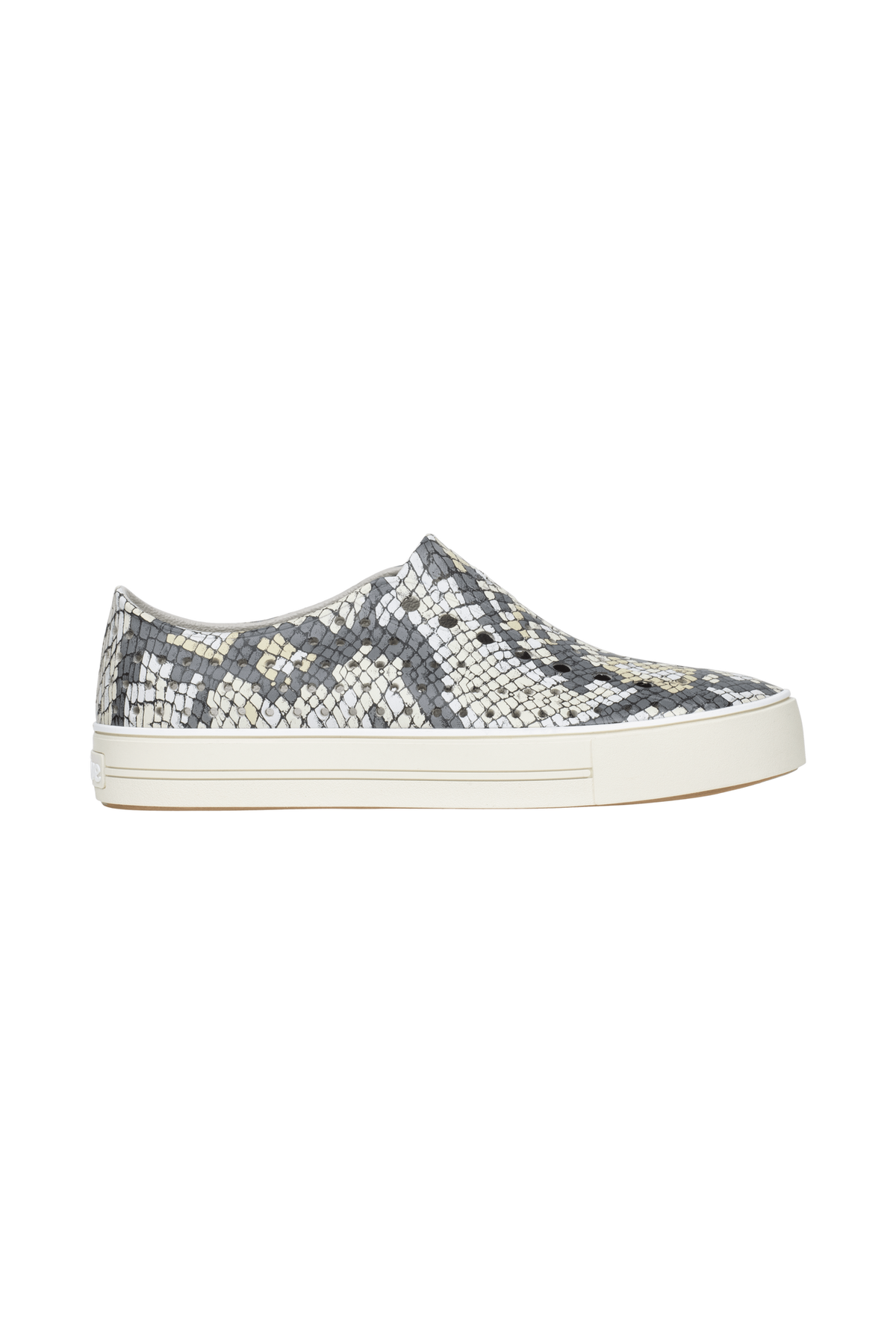 Side view of a Native Shoes Adults Jefferson Arc Wanderfoam Print Footwear in Slkgry/Pprwht/Slkpython