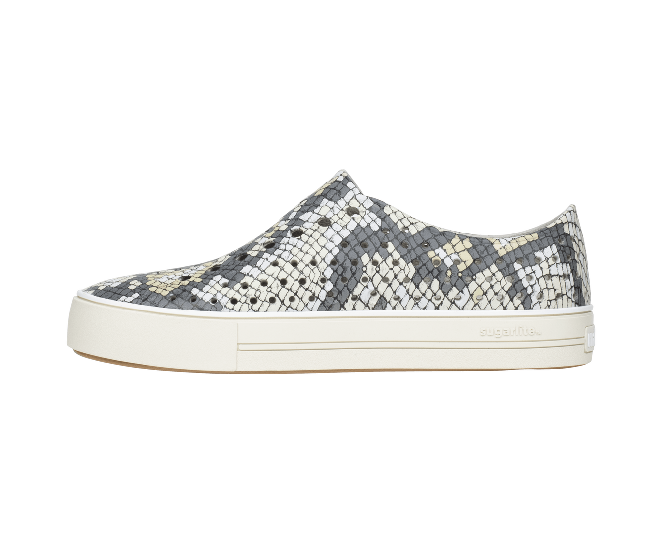 Angled view of a Native Shoes Jefferson Arc Wanderfoam Print | Slkgry/Pprwht/Slkpython Footwear in Slkgry/Pprwht/Slkpython