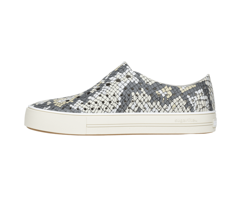 Angled view of a Native Shoes Jefferson Arc Wanderfoam Print | Slkgry/Pprwht/Slkpython Footwear in Slkgry/Pprwht/Slkpython