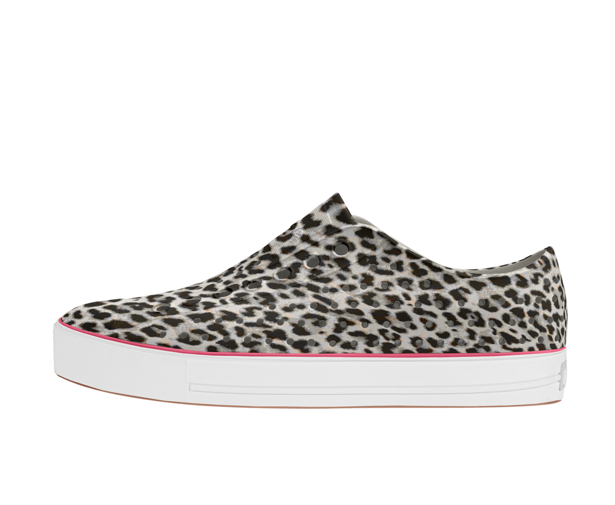 Side view of a Native Shoes Adults Jefferson Arc Wanderfoam Print Footwear in Shell White / Whisper White / Leopard