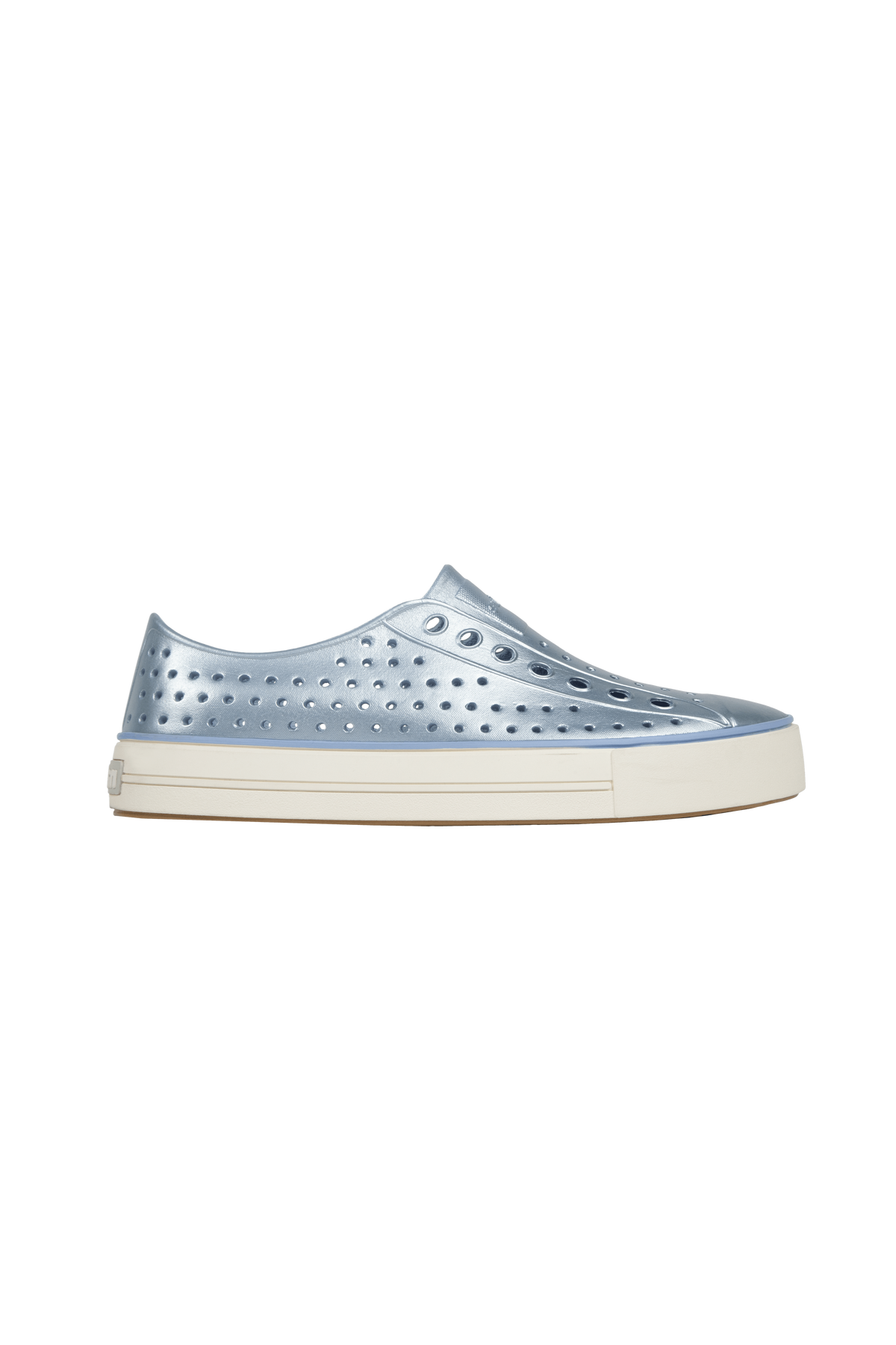 Side view of a Native Shoes Adults Jefferson Arc Wf Metallic Footwear in Skyway Blue Metallic / Whisper White