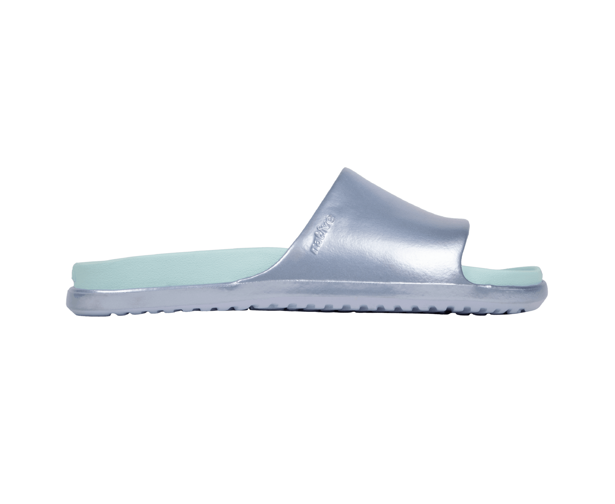 Side view of a Native Shoes Adults Spencer Lx Wanderfoam Metallic Footwear in Skyway Blue Metallic / Harbor Blue