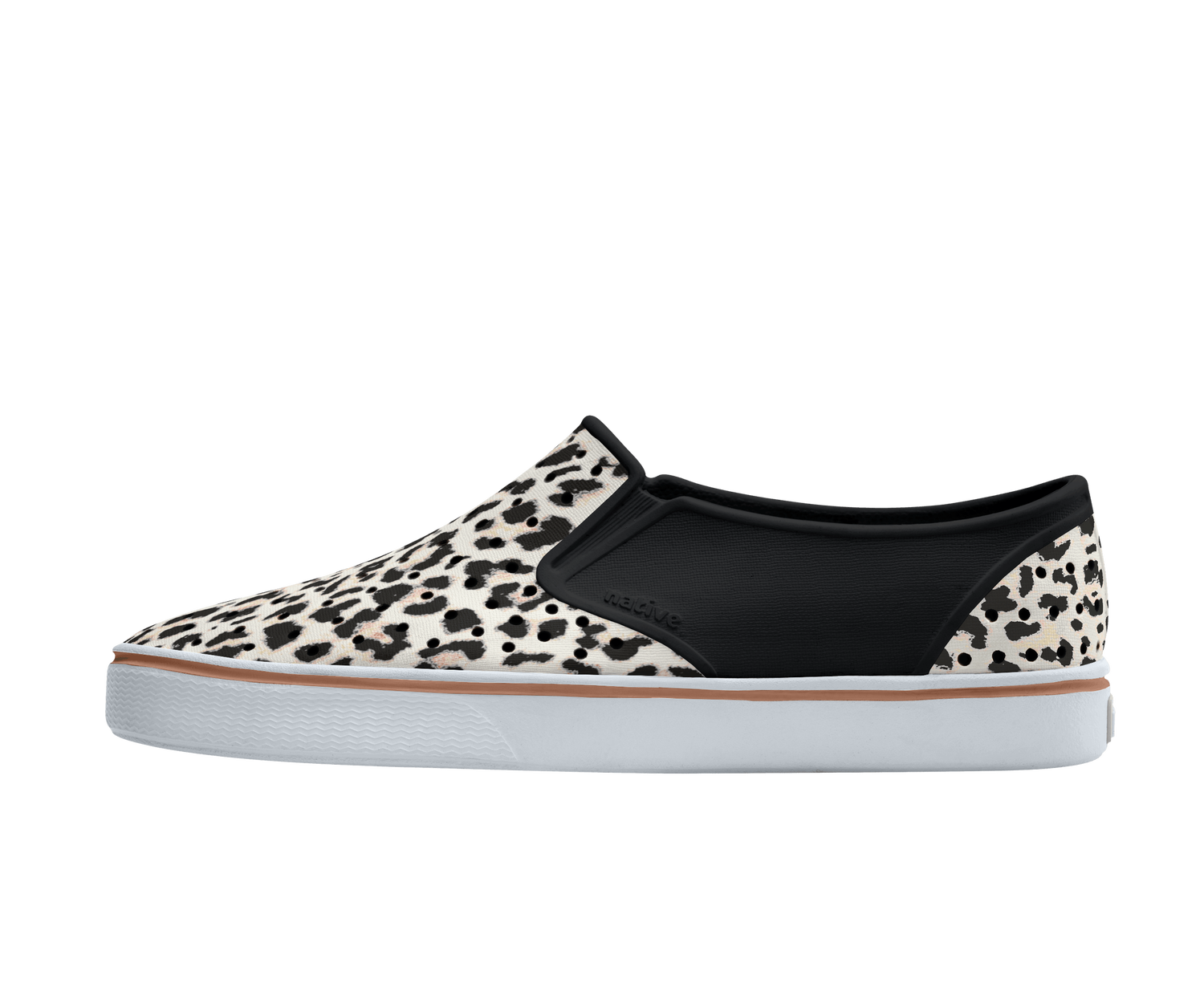 Side view of a Native Shoes Adults Miles Wanderfoam Print Footwear in Jiffy Black / Shell White / Summer Fun