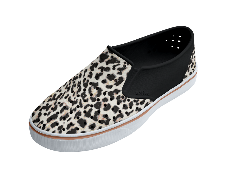 Angled view of a Native Shoes Miles Wanderfoam Print | Jiffy Black / Shell White / Summer Fun Footwear in Jiffy Black / Shell White / Summer Fun