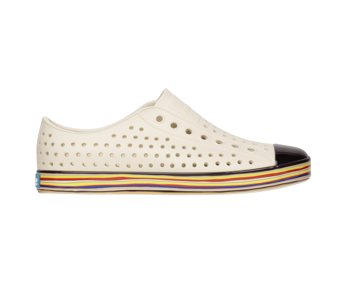 Side view of a Native Shoes Adults Jefferson Wanderfoam Wrp Footwear in Bnwht/Strtarnbw