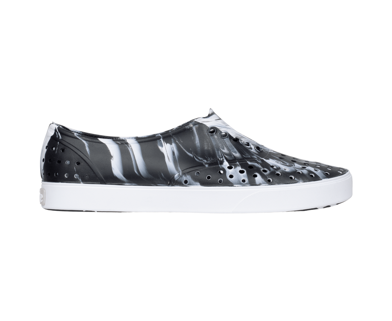 Side view of a Native Shoes Adults Miller Wanderfoam Marbled Footwear in Jfyshlmarble/Shlwht