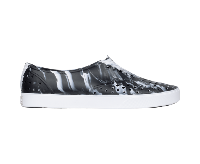 Side view of a Native Shoes Adults Miller Wanderfoam Marbled Footwear in Jfyshlmarble/Shlwht