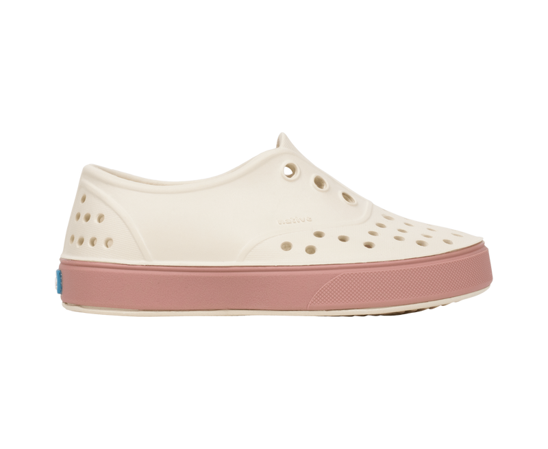Side view of a Native Shoes Kids Miller Kids Footwear in Bnwht/Caypnk